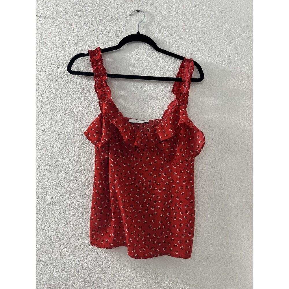 Lush Red Ruffled Sleeveless Tank Top Size M Floral Peasant Boho Milkmaid Cottage